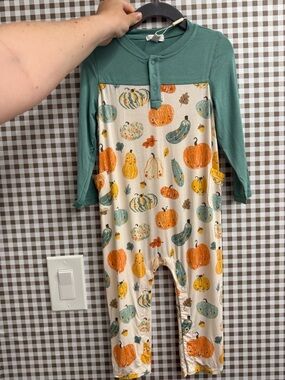 Angel Dear Green & Cream Pumpkin Print One-Piece